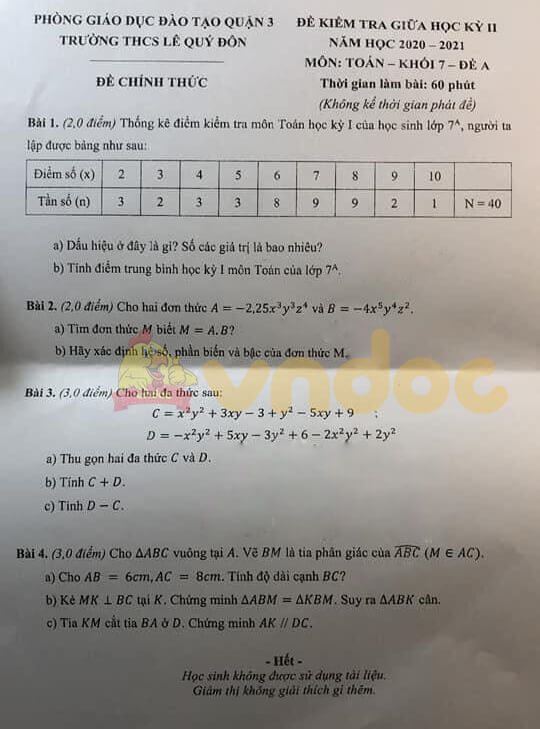 Đề thi giữa kì 2 Toán 7