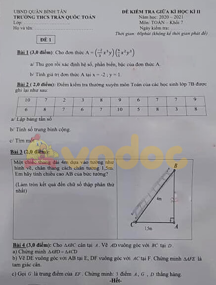 Đề thi giữa kì 2 Toán 7