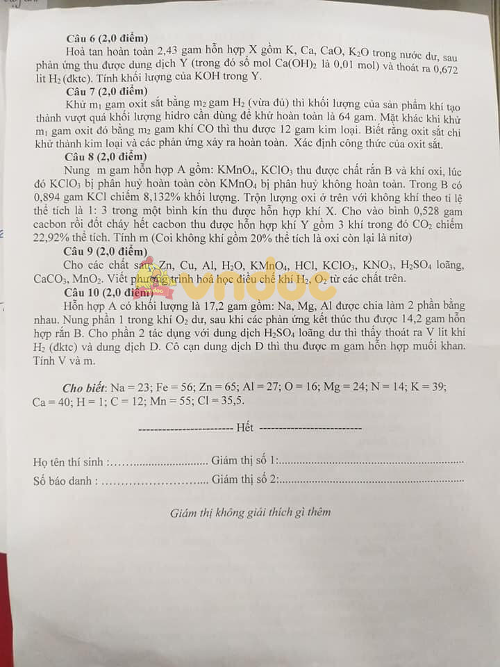 Đề thi học sinh giỏi hóa 8 phòng GD&ĐT Sầm Sơn năm 2020 - 2021