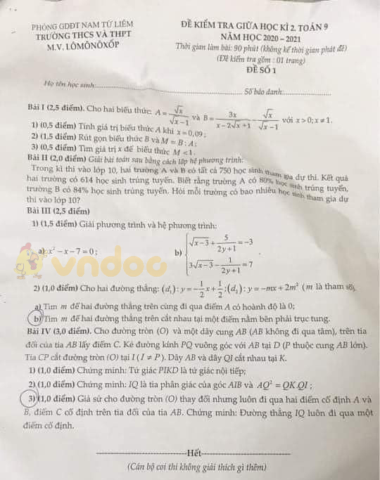 Đề thi giữa học kì 2 lớp 9 môn Toán trường M.V.Lômônôxốp năm 2020 - 2021