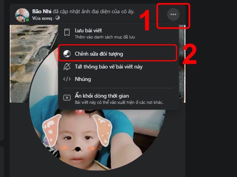 Đợi ảnh tải lên hoàn tất và hiện lên dòng thời gian và nhấn vào dấu 3 chấm bên góc phải. Cách thay ava Facebook