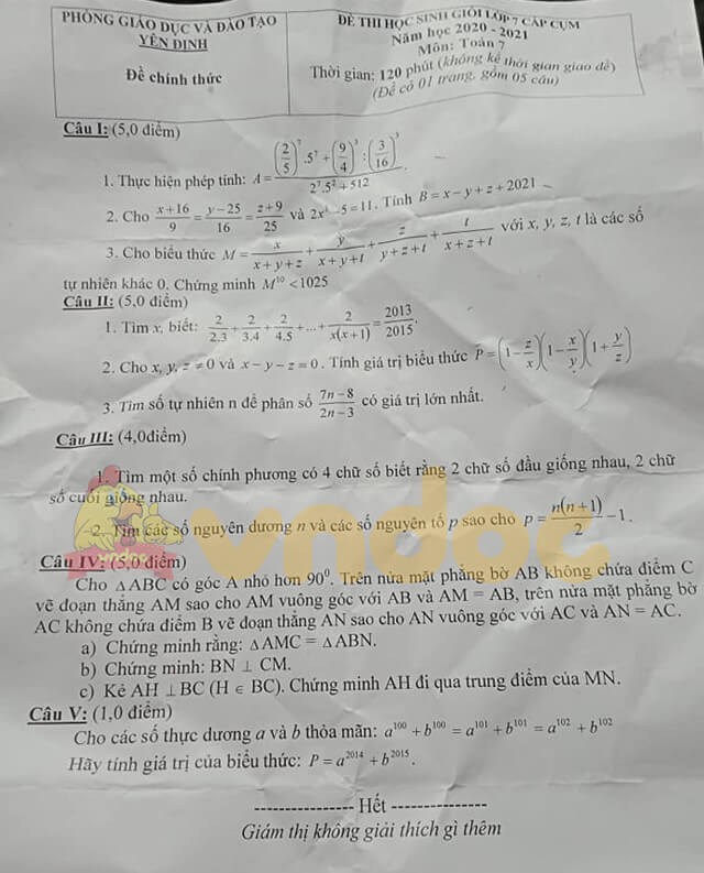 Đề thi chọn học sinh giỏi cấp huyện lớp 7 môn Toán