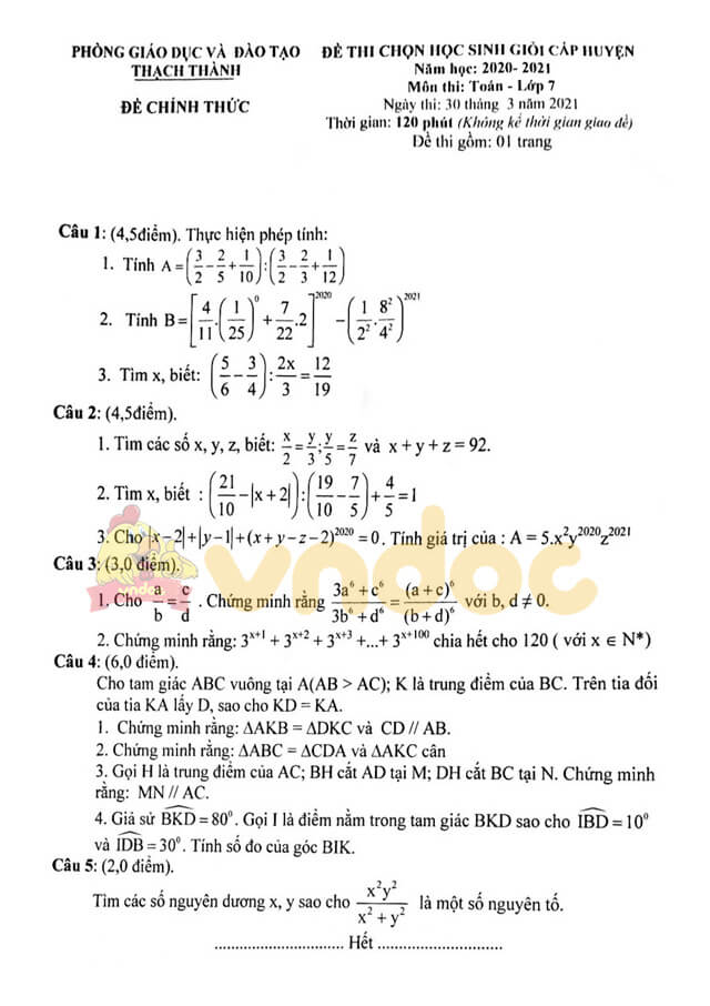 Đề thi chọn học sinh giỏi cấp huyện lớp 7 môn Toán