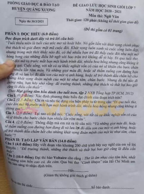 Đề thi hsg Văn 7