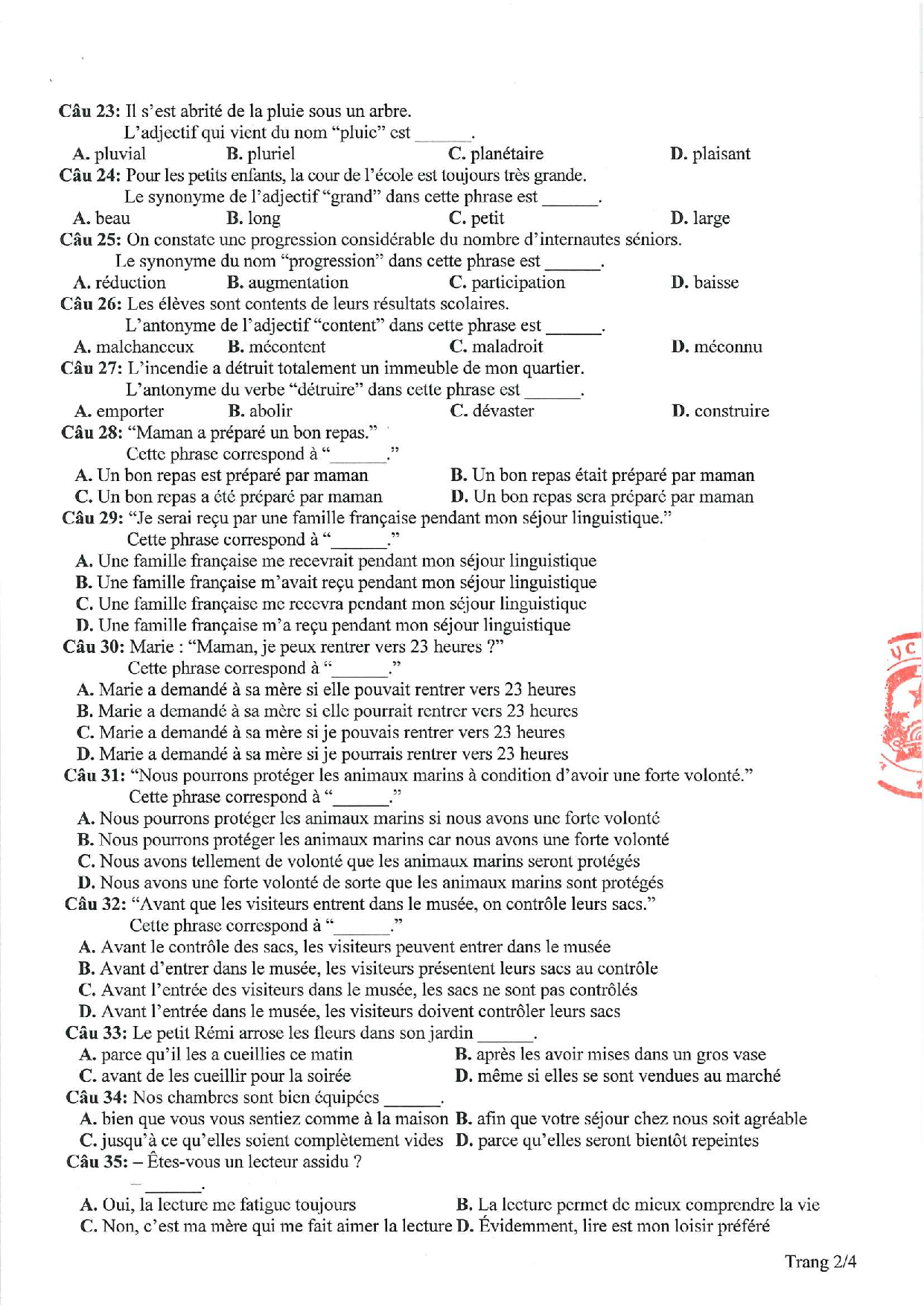 Đề minh họa 2021 môn tiếng Pháp