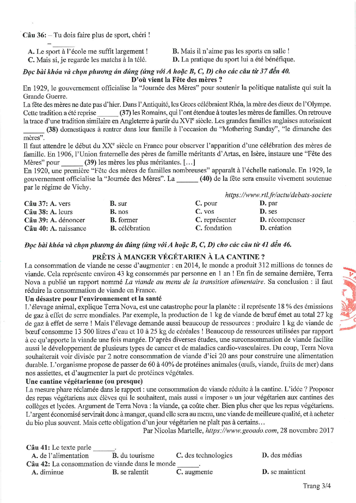 Đề minh họa 2021 môn tiếng Pháp