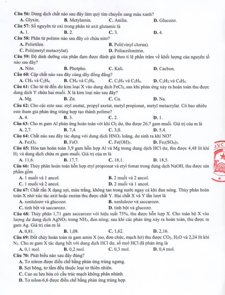 Đề thi minh họa năm 2021 môn Hóa