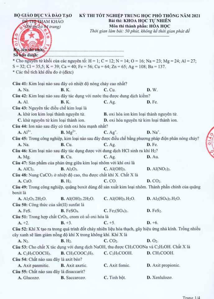 Đề thi minh họa năm 2021 môn Hóa