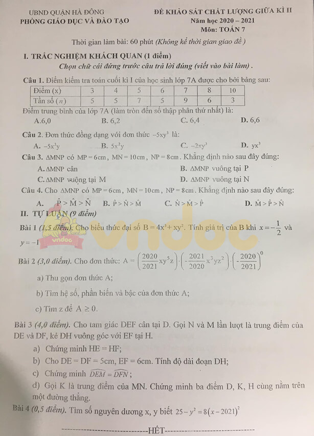 Đề thi giữa kì 2 Toán 7