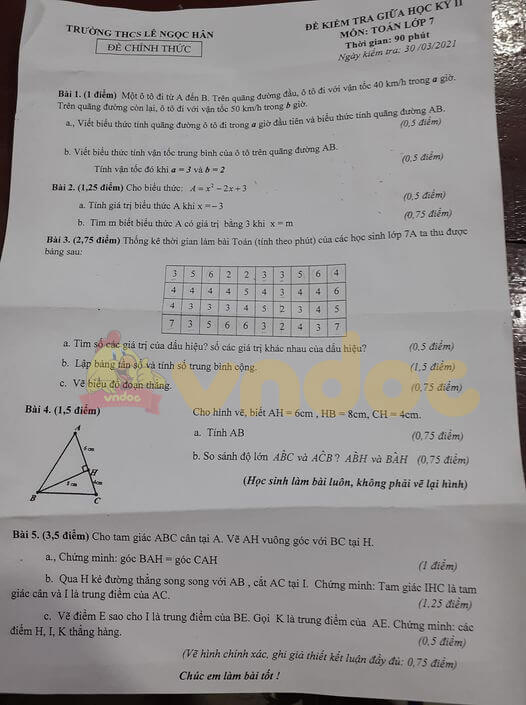 Đề thi giữa kì 2 Toán 7