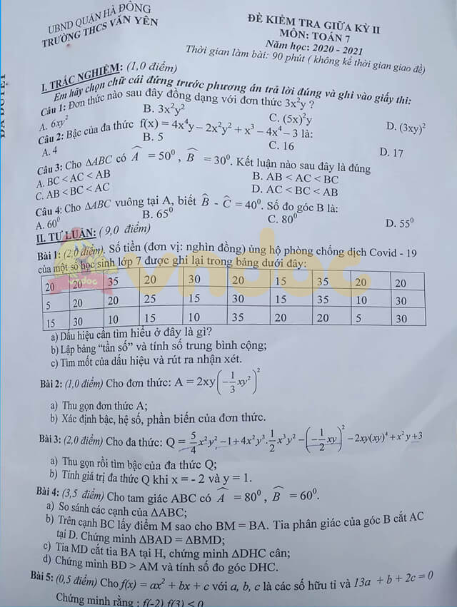 đề Thi Giữa Ki 2 Toan 7 Trường Thcs Văn Yen Ha Nội Năm Học 21 đề Thi Giữa Học Ki 2 Lớp 7 Mon Toan Năm 21 Vndoc Com