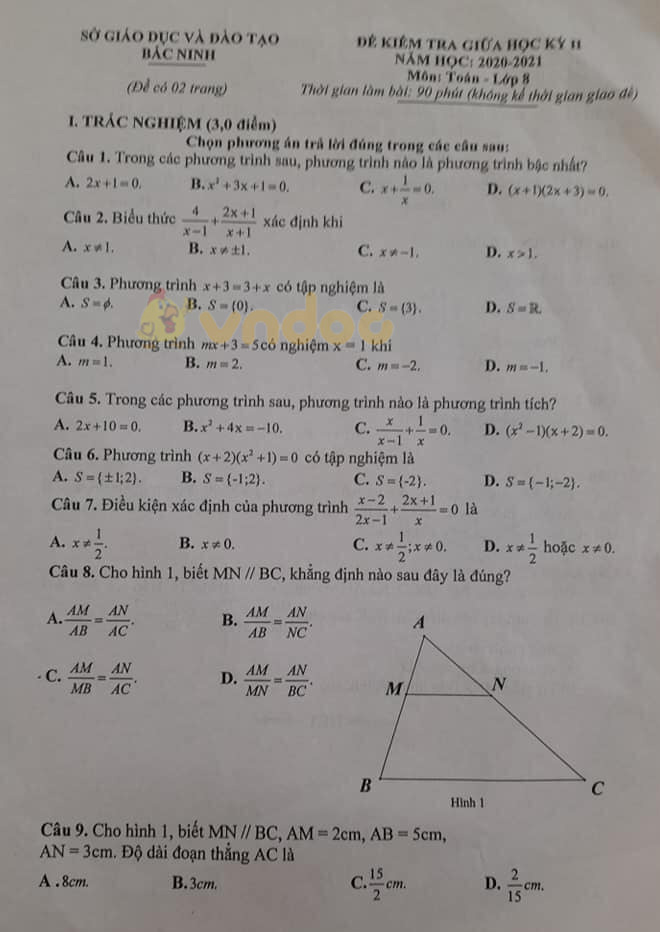 Đề thi giữa học kì 2 lớp 8 môn Toán Sở GD&ĐT Bắc Ninh năm 2020 - 2021