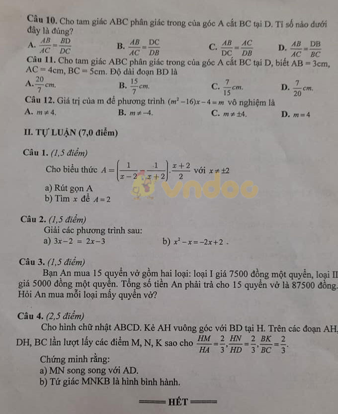 Đề thi giữa học kì 2 lớp 8 môn Toán Sở GD&ĐT Bắc Ninh năm 2020 - 2021