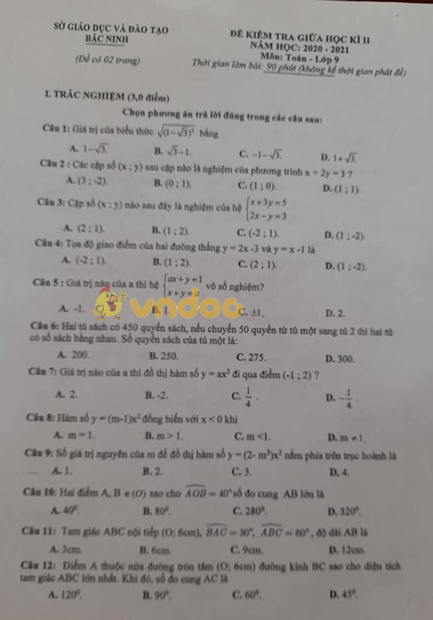 Đề thi giữa học kì 2 lớp 9 môn Toán Sở GD&ĐT Bắc Ninh năm 2020 - 2021