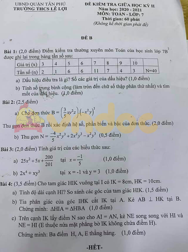 Đề thi giữa kì 2 Toán 7