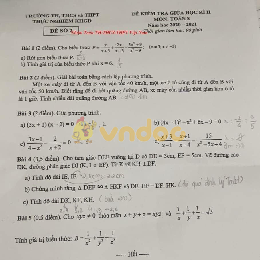 Đề thi giữa học kì 2 lớp 8 môn Toán trường TH,THCS&THPT Thực Nghiệm KHGD năm 2020 - 2021 (số 2)