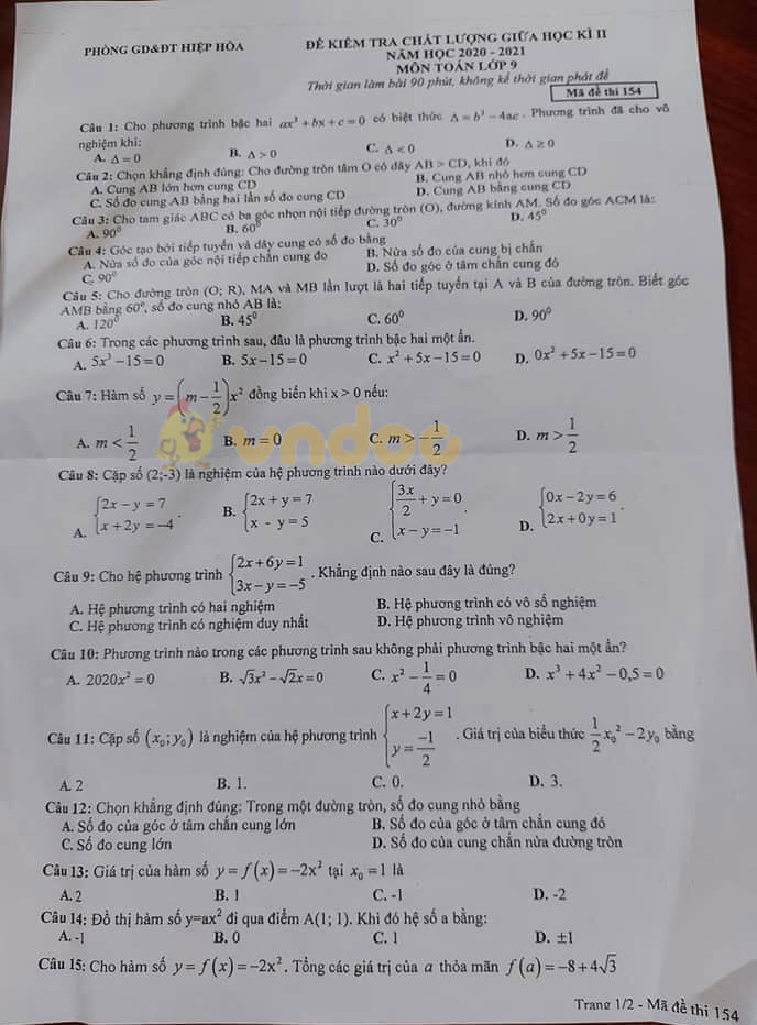 Đề thi giữa học kì 2 lớp 9 môn Toán phòng GD&ĐT Hiệp Hòa năm 2020 - 2021