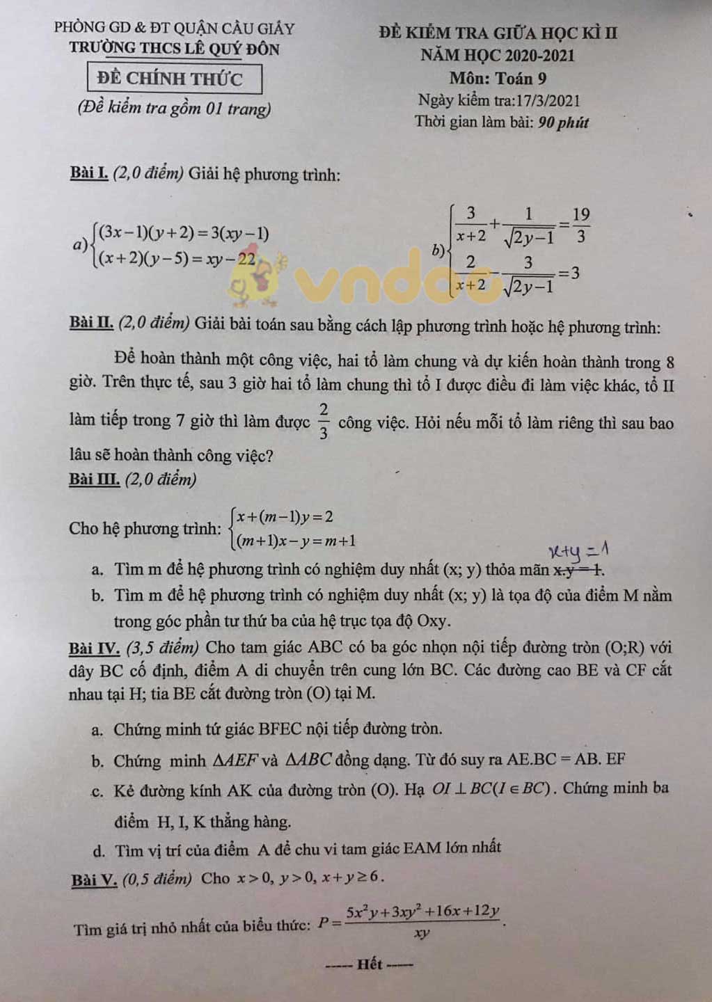 Đề thi giữa học kì 2 lớp 9 môn Toán trường THCS Lê Quý Đôn, Cầu Giấy năm 2020 - 2021