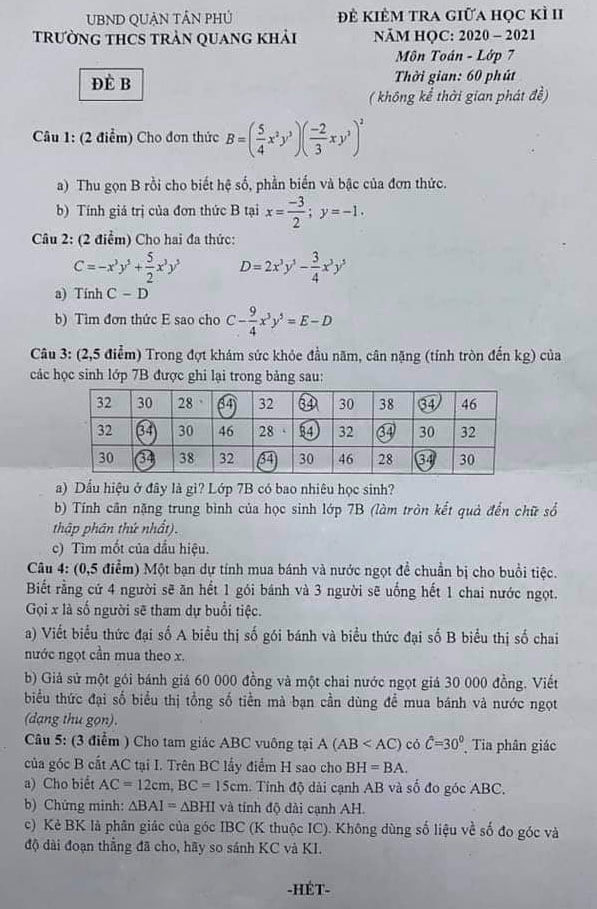 Đề thi giữa kì 2 Toán 7