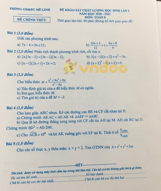 Đề thi KSCL lớp 8 môn Toán phòng GD&ĐT Mê Linh năm học 2020 - 2021 (lần 2)