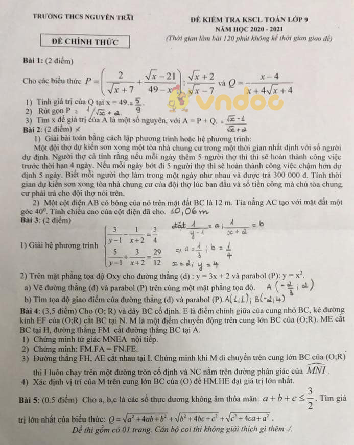 Đề thi KSCL lớp 9 môn Toán trường THCS Nguyễn Trãi năm học 2020 - 2021