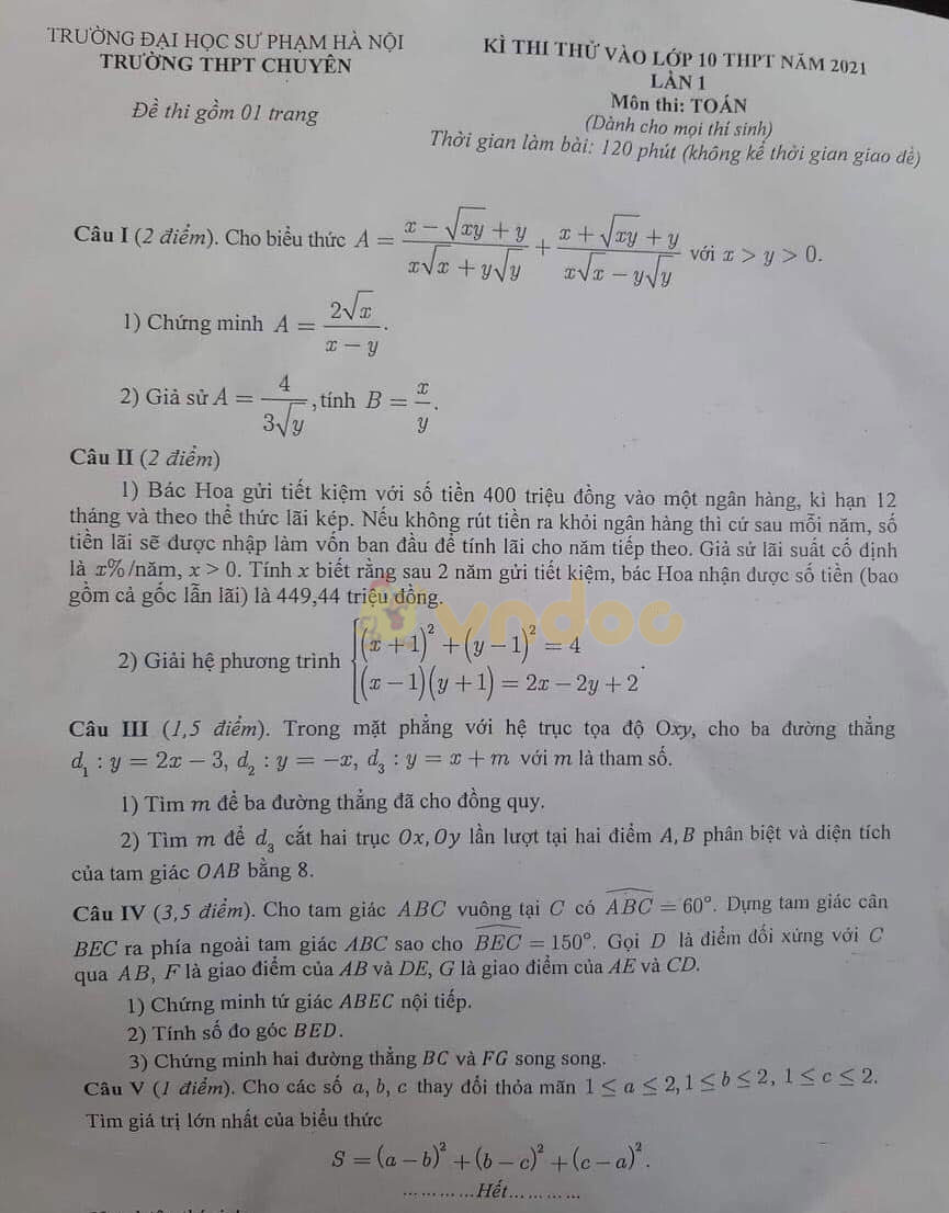 Ä'á» Thi Thá»­ Vao Lá»›p 10 Mon Toan TrÆ°á»ng Ä'áº¡i Há»c SÆ° Pháº¡m Ha Ná»™i NÄƒm Há»c 2021 2022 Láº§n 1 Ä'á» Thi Tuyá»ƒn Sinh Lá»›p 10 Mon Toan Vndoc Com