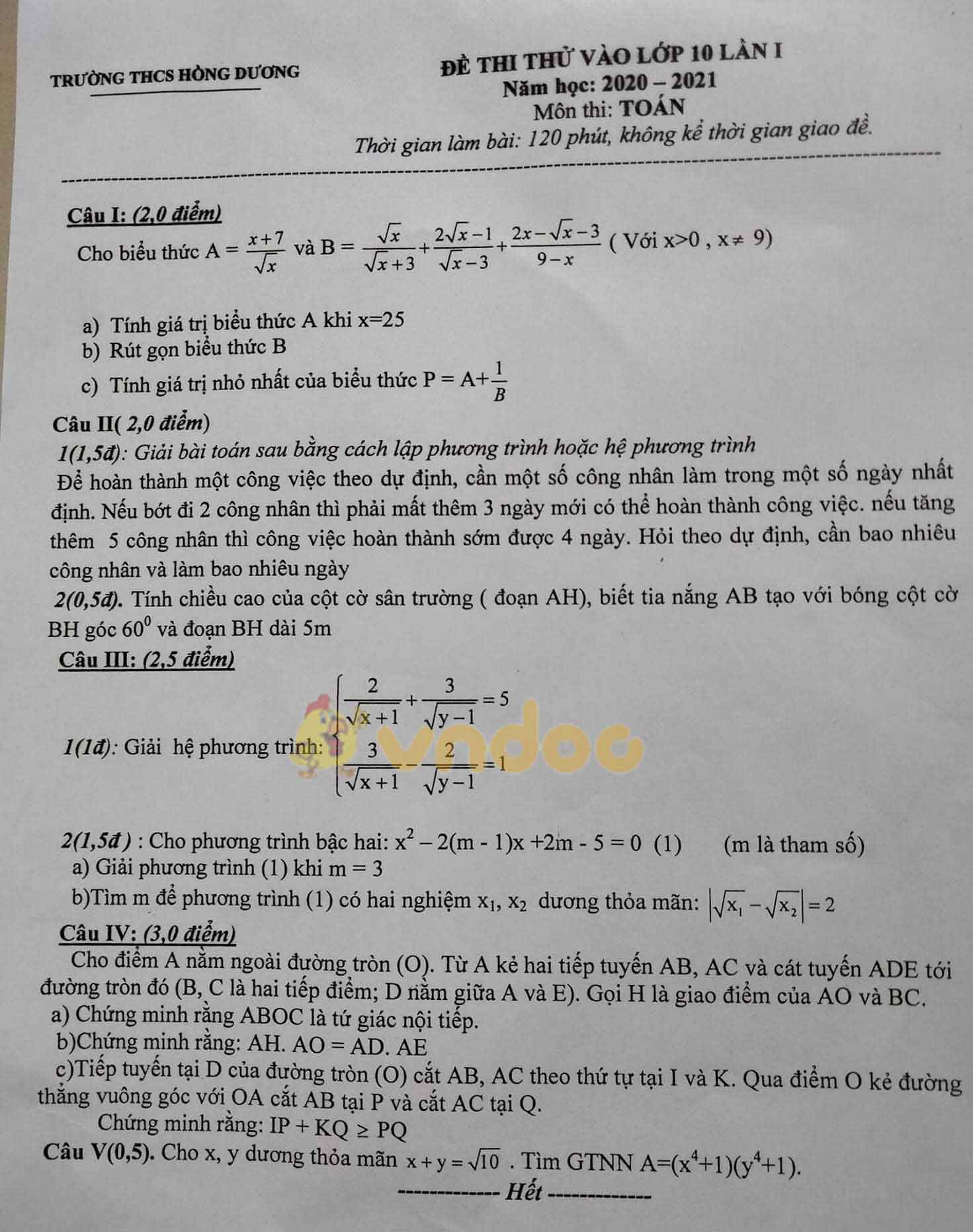Đề thi thử vào lớp 10 môn Toán Trường THCS Hồng Dương năm học 2020 - 2021