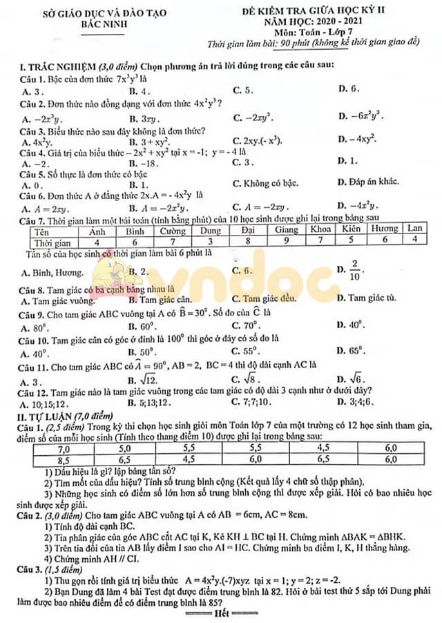 Đề thi giữa kì 2 Toán 7