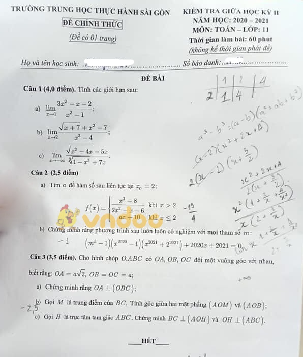 Đề thi giữa học kì 2 lớp 11 môn Toán trường Trung học Thực Hành Sài Gòn năm 2020 - 2021