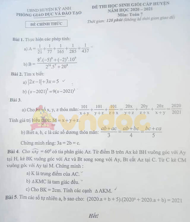 Đề thi học sinh giỏi cấp huyện lớp 7 môn Toán