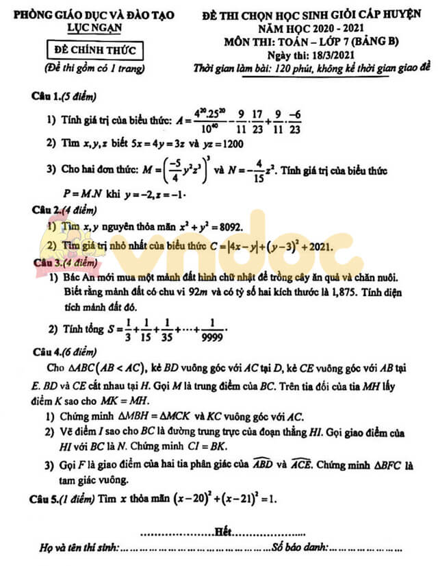 Đề thi học sinh giỏi cấp huyện lớp 7 môn Toán