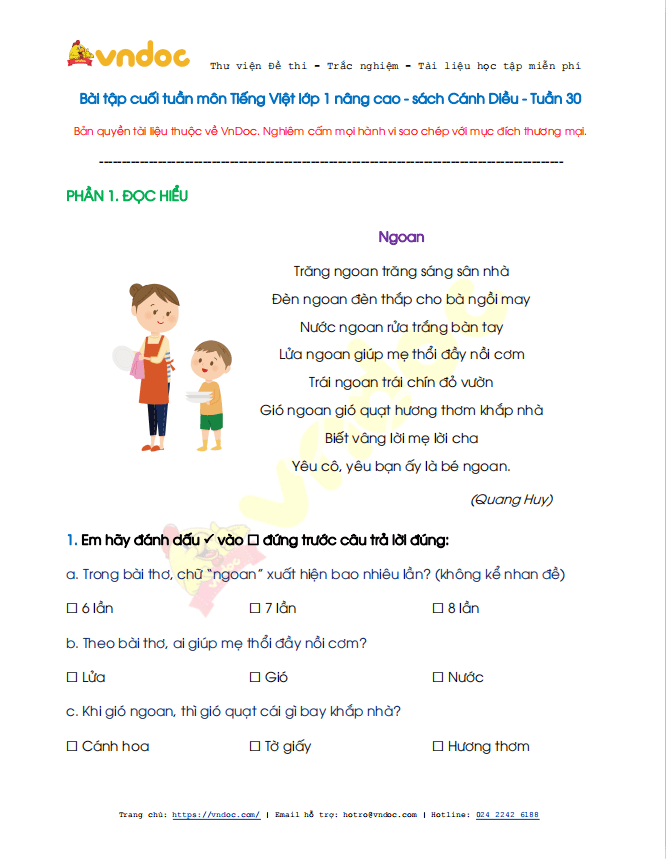 Bài tập cuối tuần Tiếng Việt 1 sách Cánh Diều