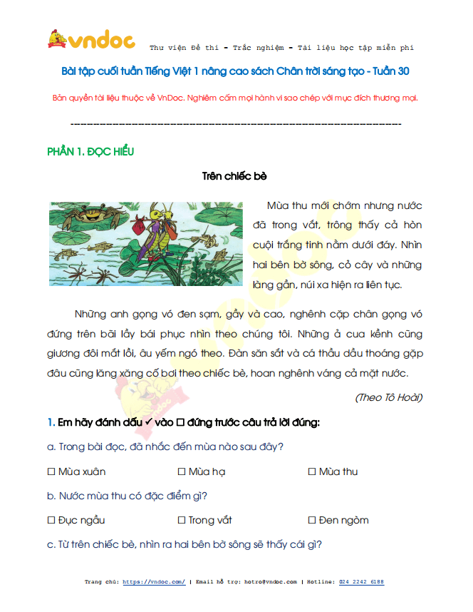 Bài tập cuối tuần Tiếng Việt 1 nâng cao Tuần 30 sách Chân trời sáng tạo
