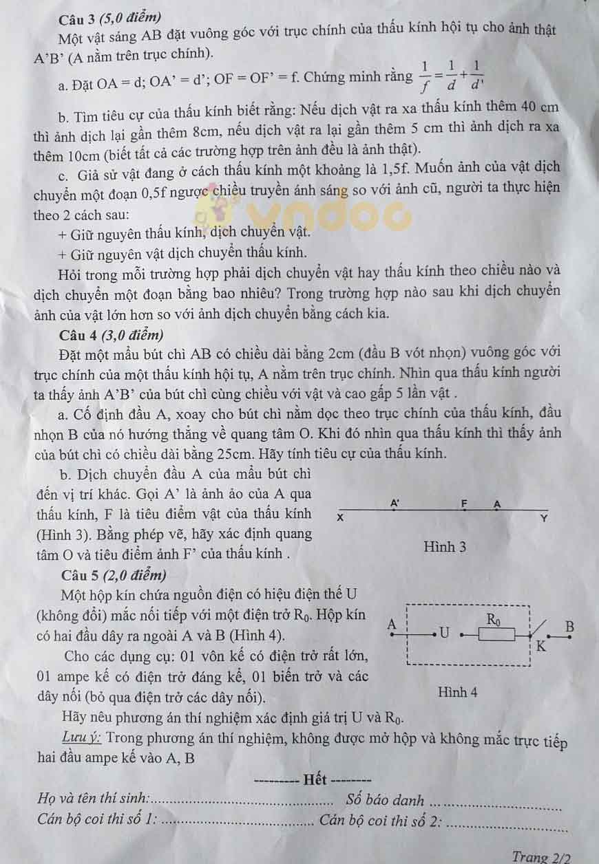 Đề thi chọn học sinh giỏi lớp 9 môn Vật lý Sở GD&ĐT Hà Nam năm 2020 - 2021