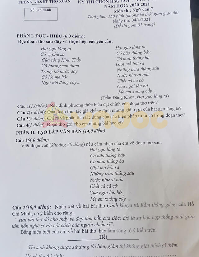 Đề thi hsg Văn 7