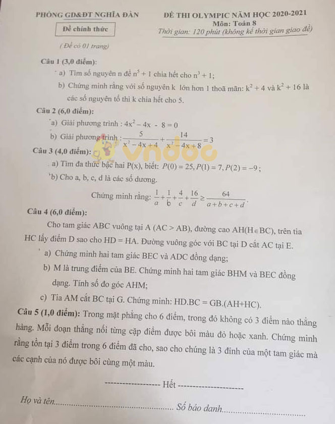 Đề thi Olympic lớp 8 môn Toán Phòng GD&ĐT Nghĩa Đàn năm 2020 - 2021
