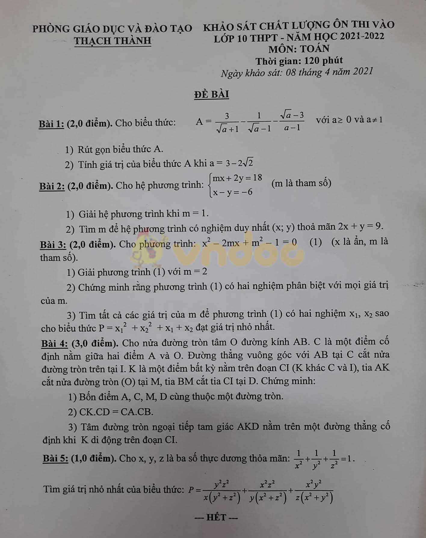 Đề ôn thi vào lớp 10 môn Toán Phòng GD&ĐT Thạch Thành năm học 2020 - 2021