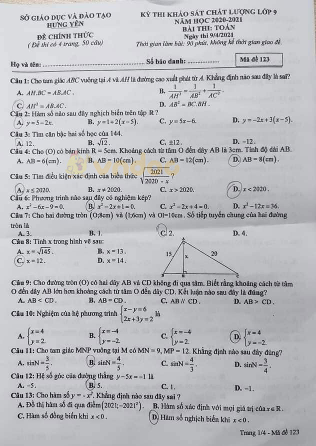 Đề thi giữa học kì 2 lớp 9 môn Toán Sở GD&ĐT Hưng Yên năm 2020 - 2021