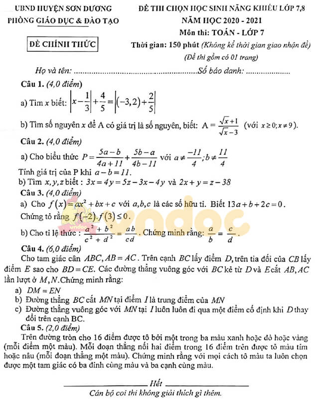 Đề thi học sinh giỏi cấp huyện lớp 7 môn Toán
