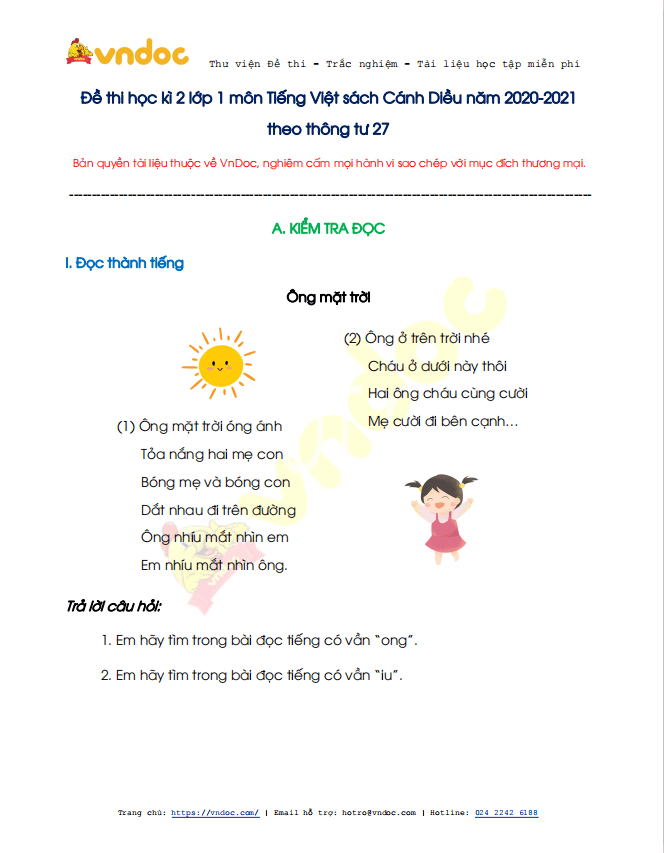 Đề thi học kì 2 lớp 1 môn Tiếng Việt sách Cánh Diều năm 2020-2021 theo Thông tư 27