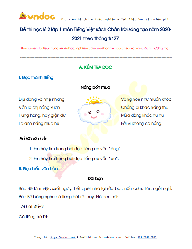 Đề thi học kì 2 lớp 1 môn Tiếng Việt sách Chân trời sáng tạo năm 2020-2021 theo Thông tư 27