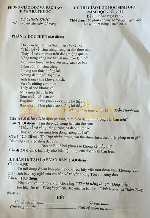 Đề thi hsg Văn 7