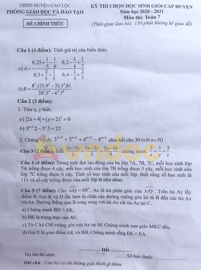 Đề thi học sinh giỏi cấp huyện lớp 7 môn Toán