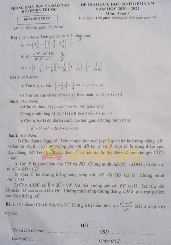 Đề thi học sinh giỏi cấp huyện lớp 7 môn Toán