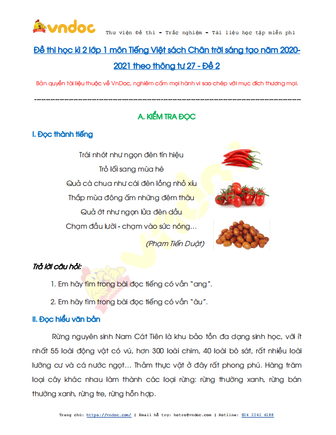 Đề thi học kì 2 lớp 1 môn Tiếng Việt sách Chân trời sáng tạo năm 2020-2021 theo Thông tư 27 - Đề 2