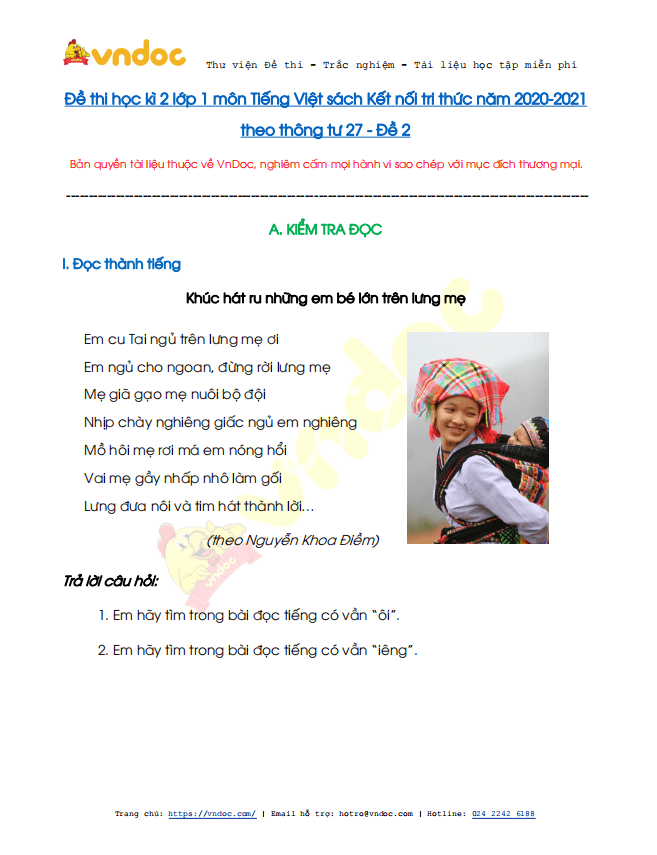 Đề thi học kì 2 lớp 1 môn Tiếng Việt sách Kết nối tri thức năm 2020-2021 theo Thông tư 27 - Đề 2