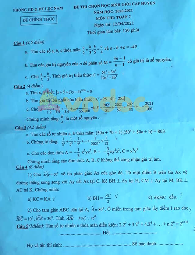 Đề thi học sinh giỏi cấp huyện lớp 7 môn Toán