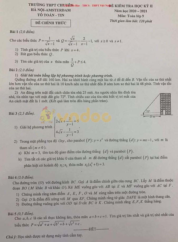 Đề thi học kì 2 Toán 9 Trường Chuyên Hà Nội Amsterdam năm 2020 - 2021