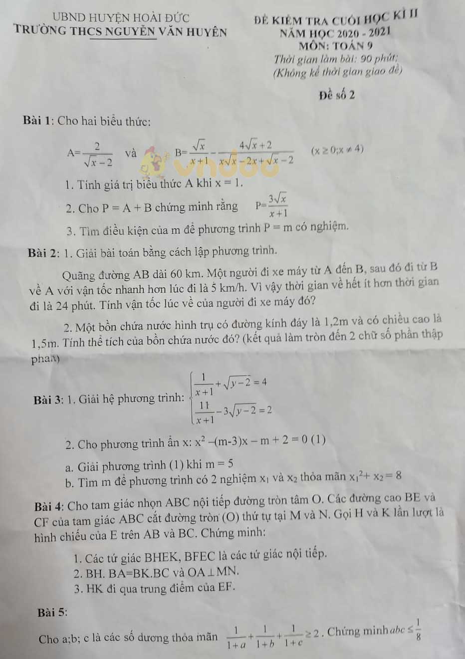 Đề thi học kì 2 Toán 9 Trường THCS Nguyễn Văn Huyên, Hoài Đức năm 2020 - 2021