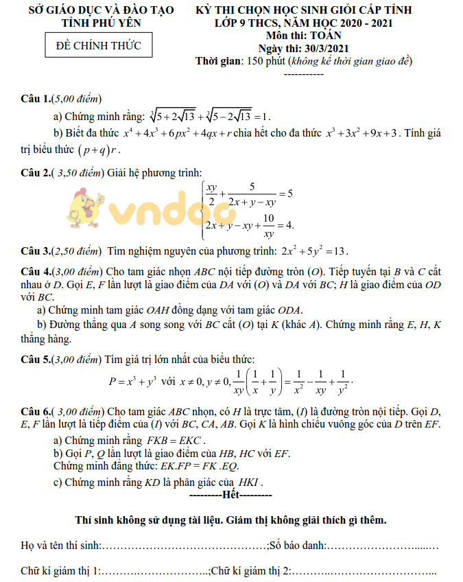 Đề thi chọn học sinh giỏi lớp 9 môn Toán Sở GD&ĐT tỉnh Phú Yên năm 2020 - 2021